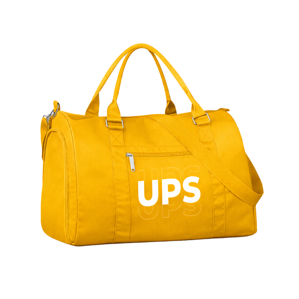 Bolso deportivo UPS amarillo con asas, correa ajustable y compartimentos