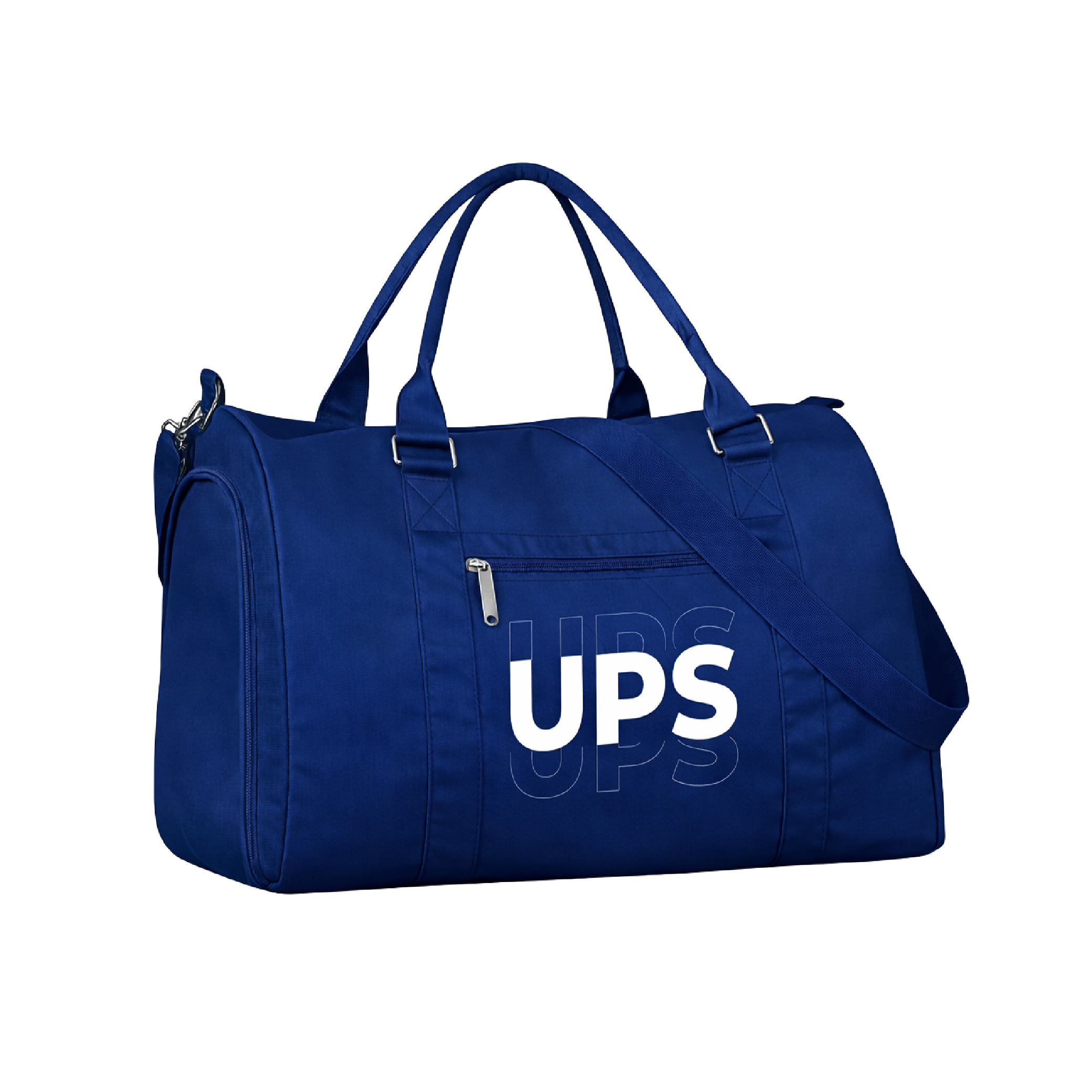 Bolso deportivo UPS azul con asas, correa ajustable y compartimentos