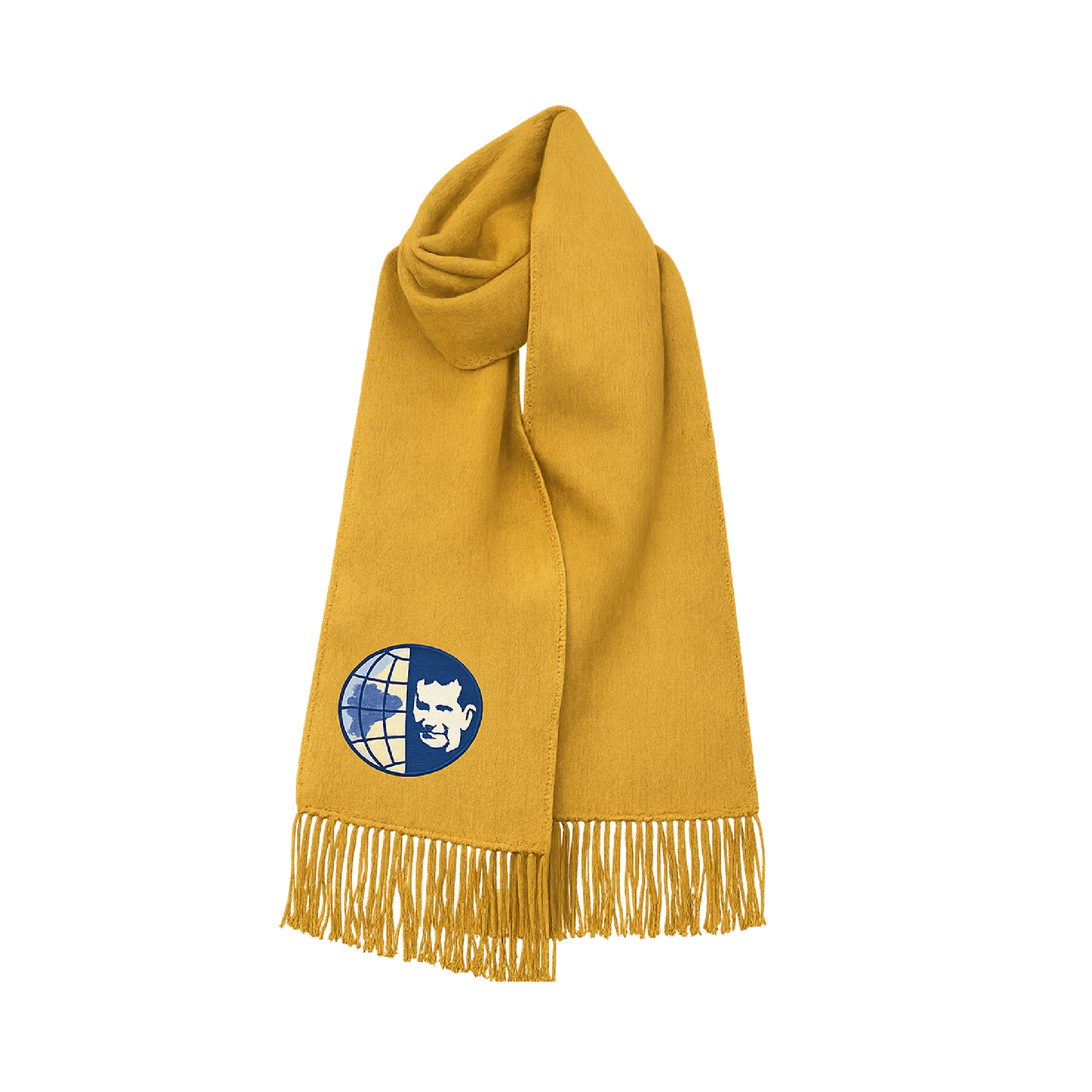 Bufanda UPS amarillo con flecos y logo institucional