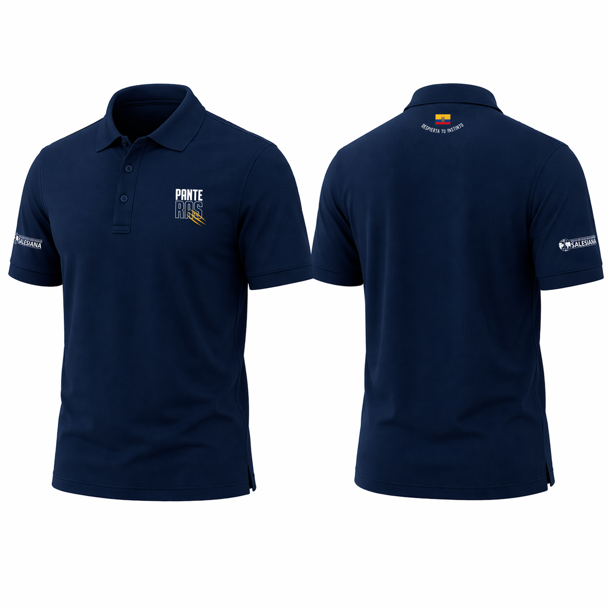 Camiseta tipo polo azul Instinto UPS con cuello y botones, diseño frontal y posterior con logotipo institucional