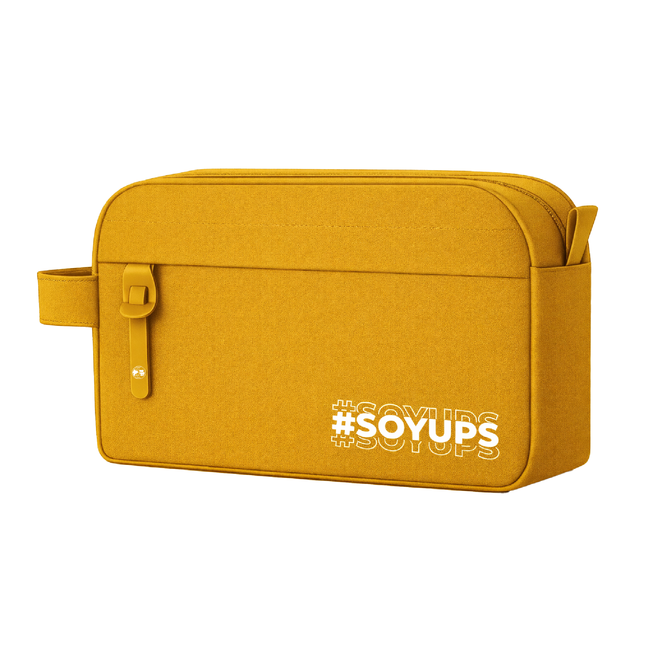 Cartuchera UPS amarillo con cierre superior, asa lateral y estampado #SoyUPS