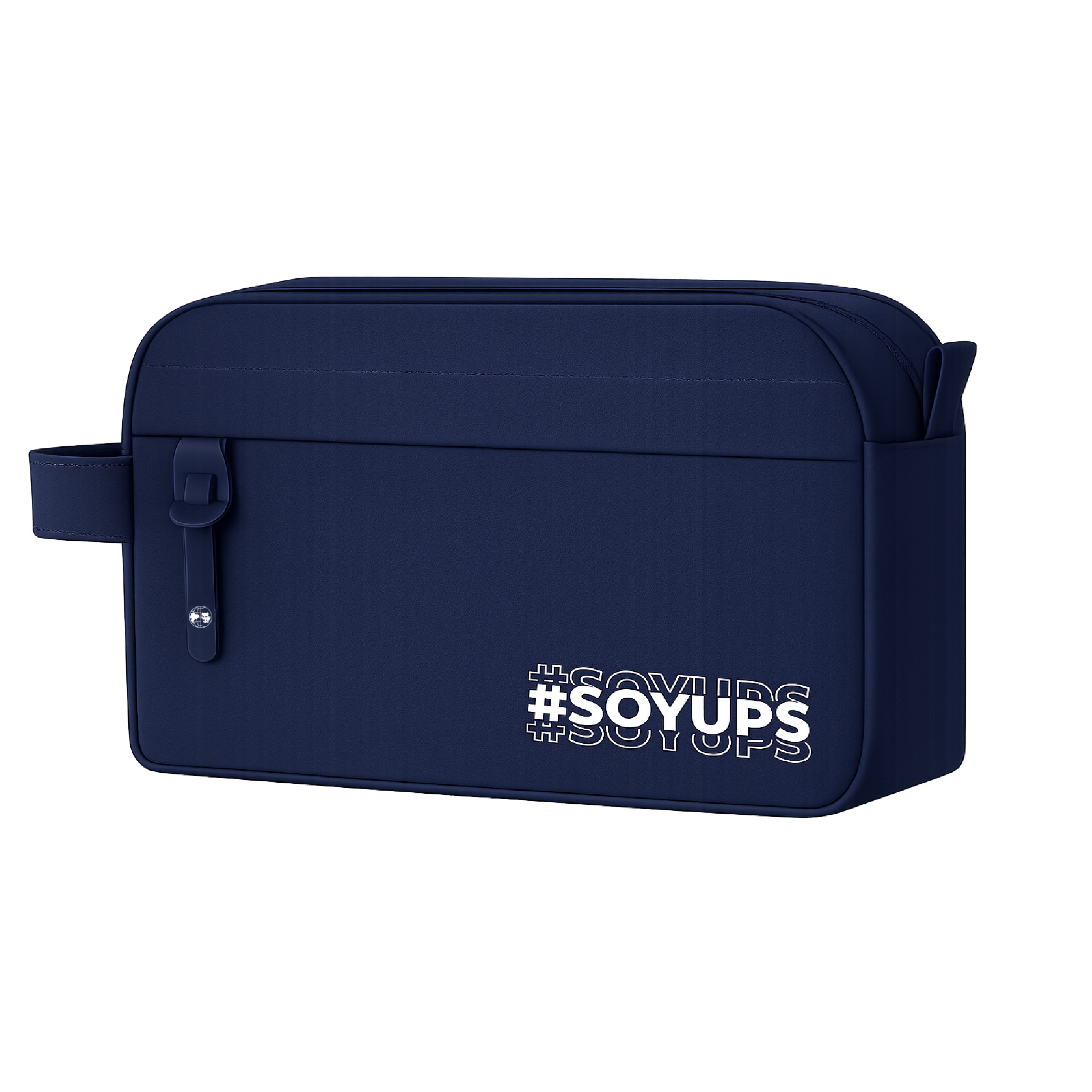 Cartuchera UPS azul con cierre superior, asa lateral y estampado #SoyUPS