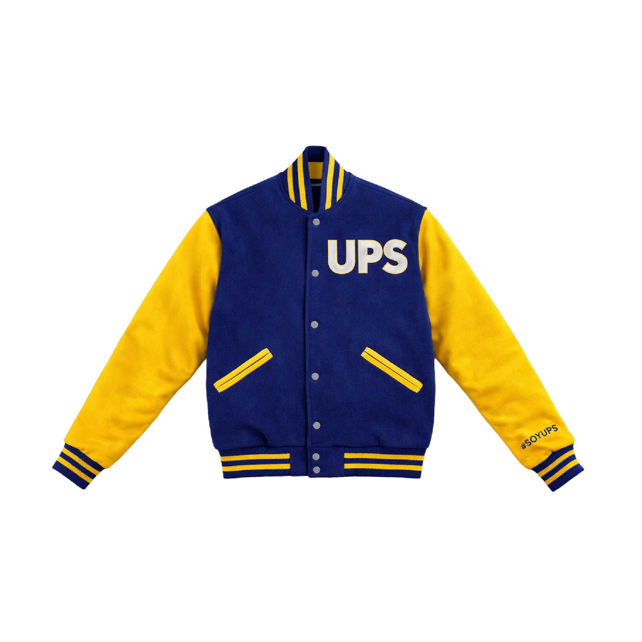 Chaqueta varsity UPS amarilla y azul con logo institucional