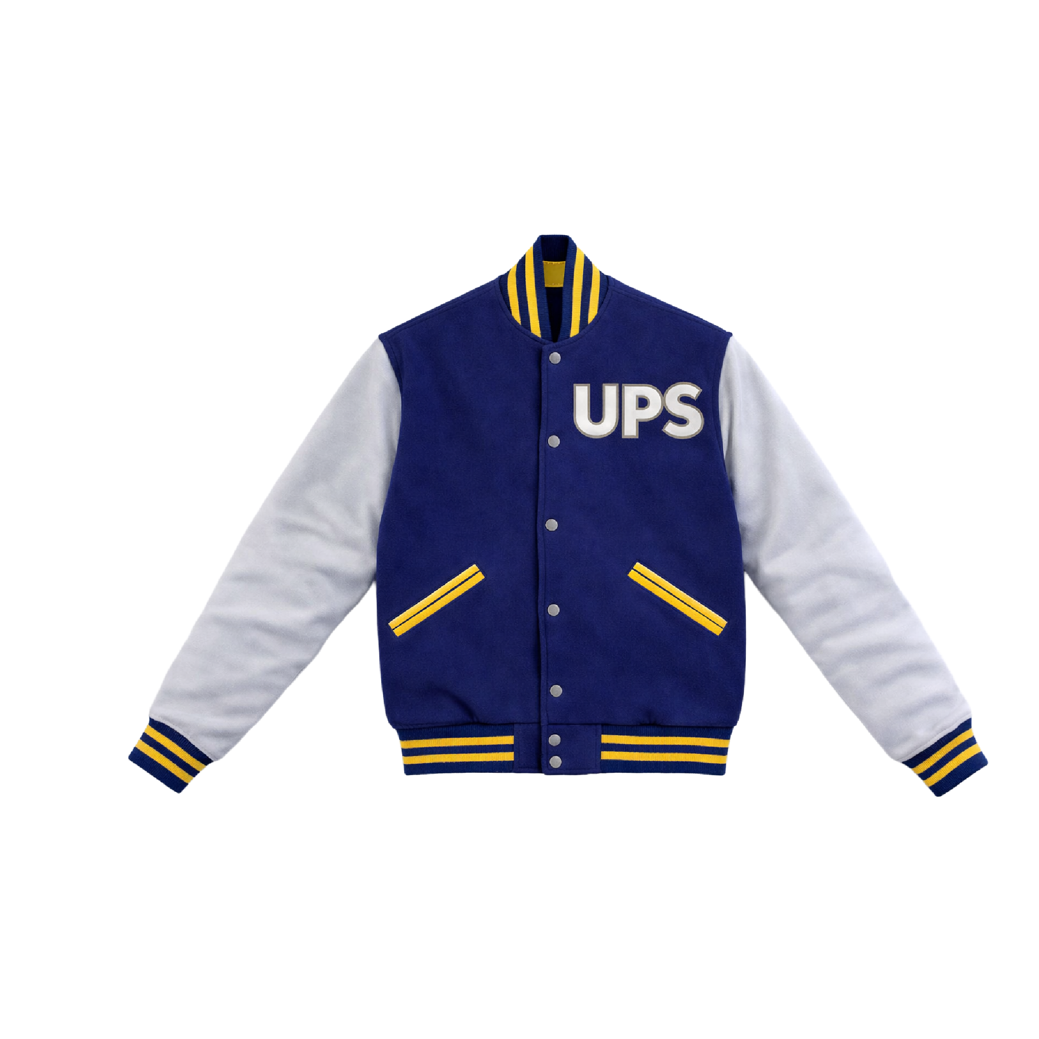 Chaqueta varsity UPS gris y azul con logo institucional