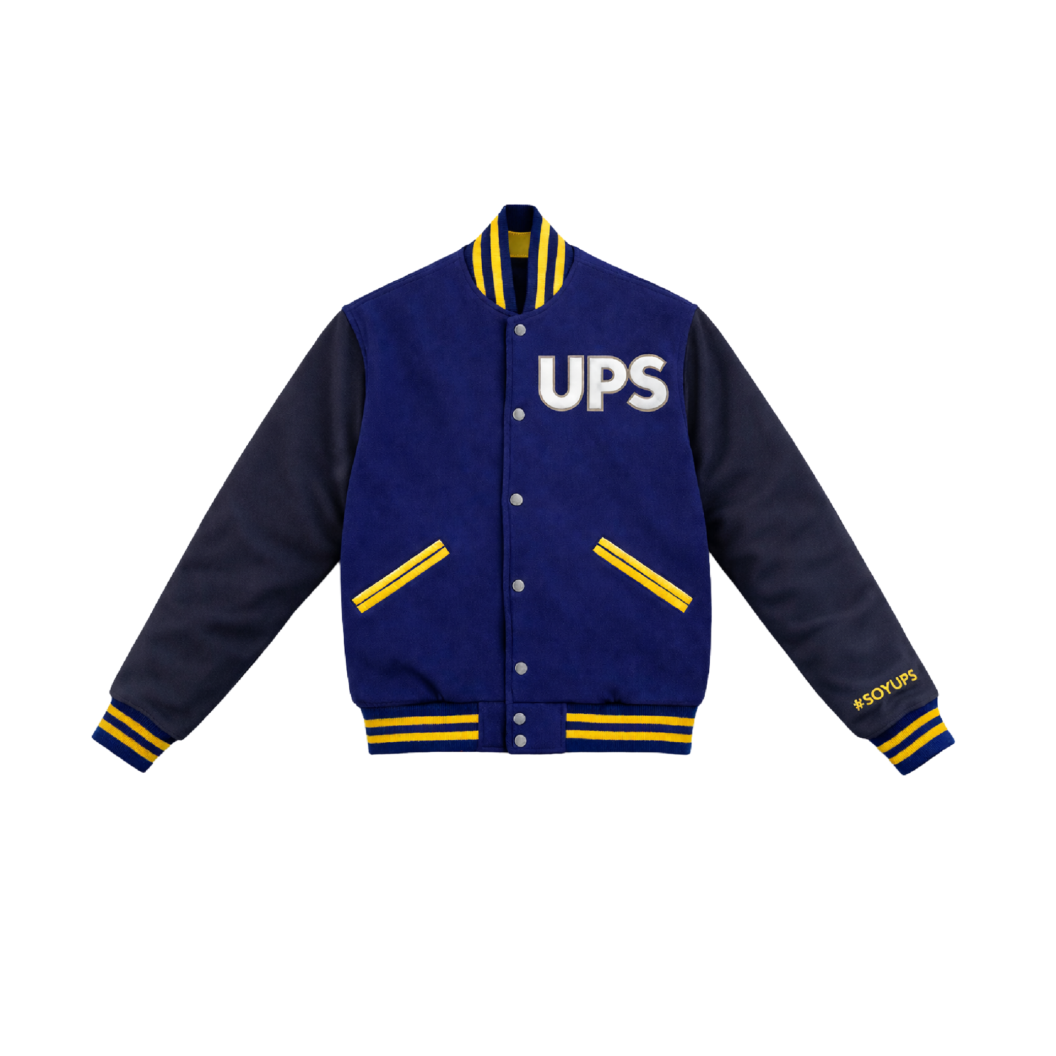 Chaqueta varsity UPS negro y azul con logo institucional