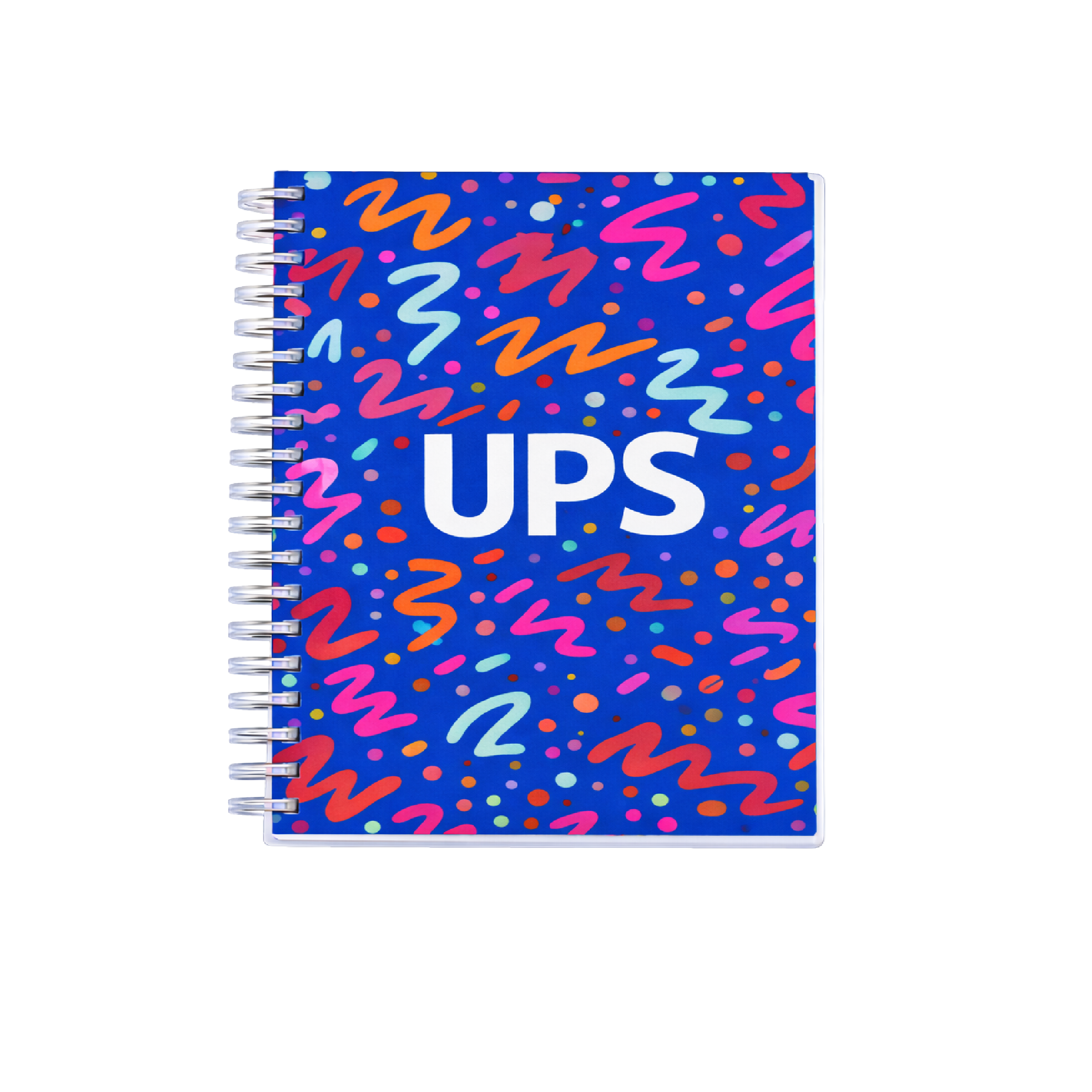 Cuaderno UPS multicolor con espiral lateral y logo institucional