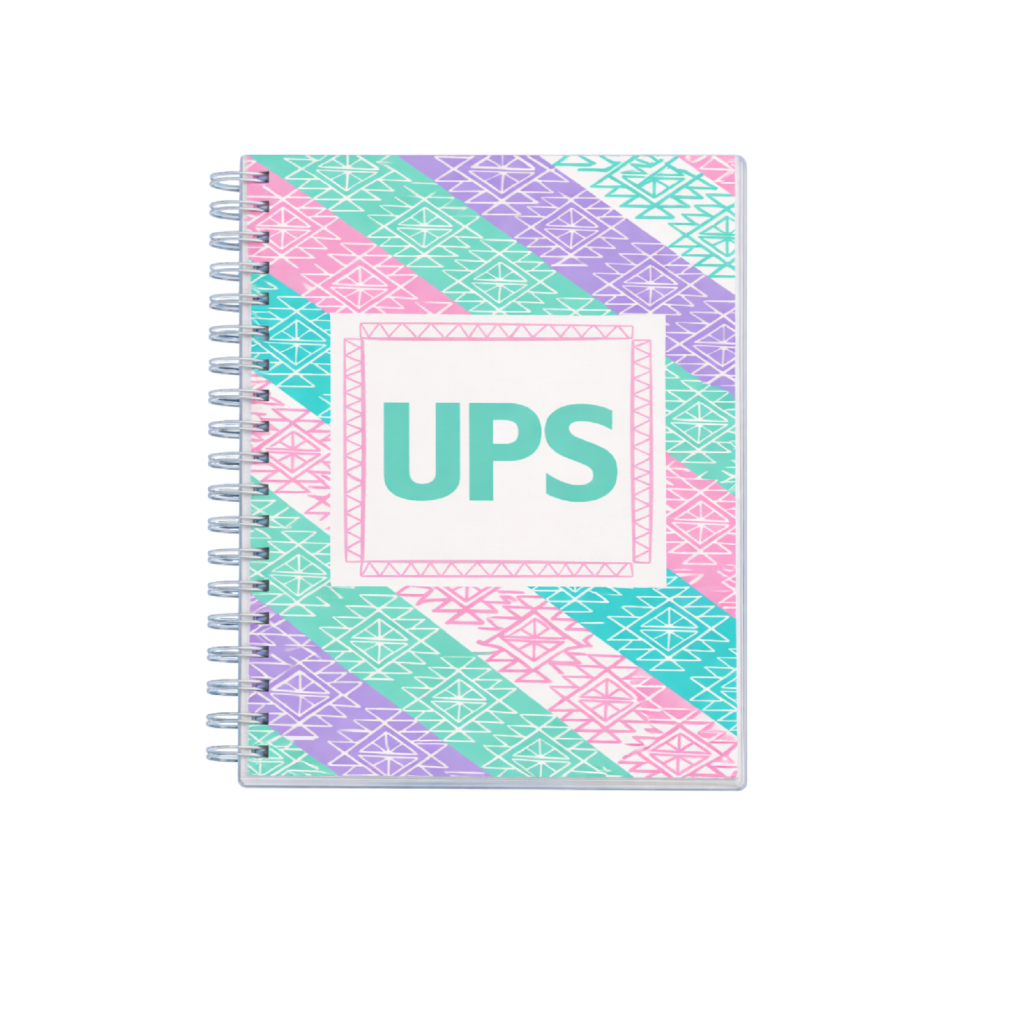 Cuaderno UPS pastel con espiral lateral y logo institucional