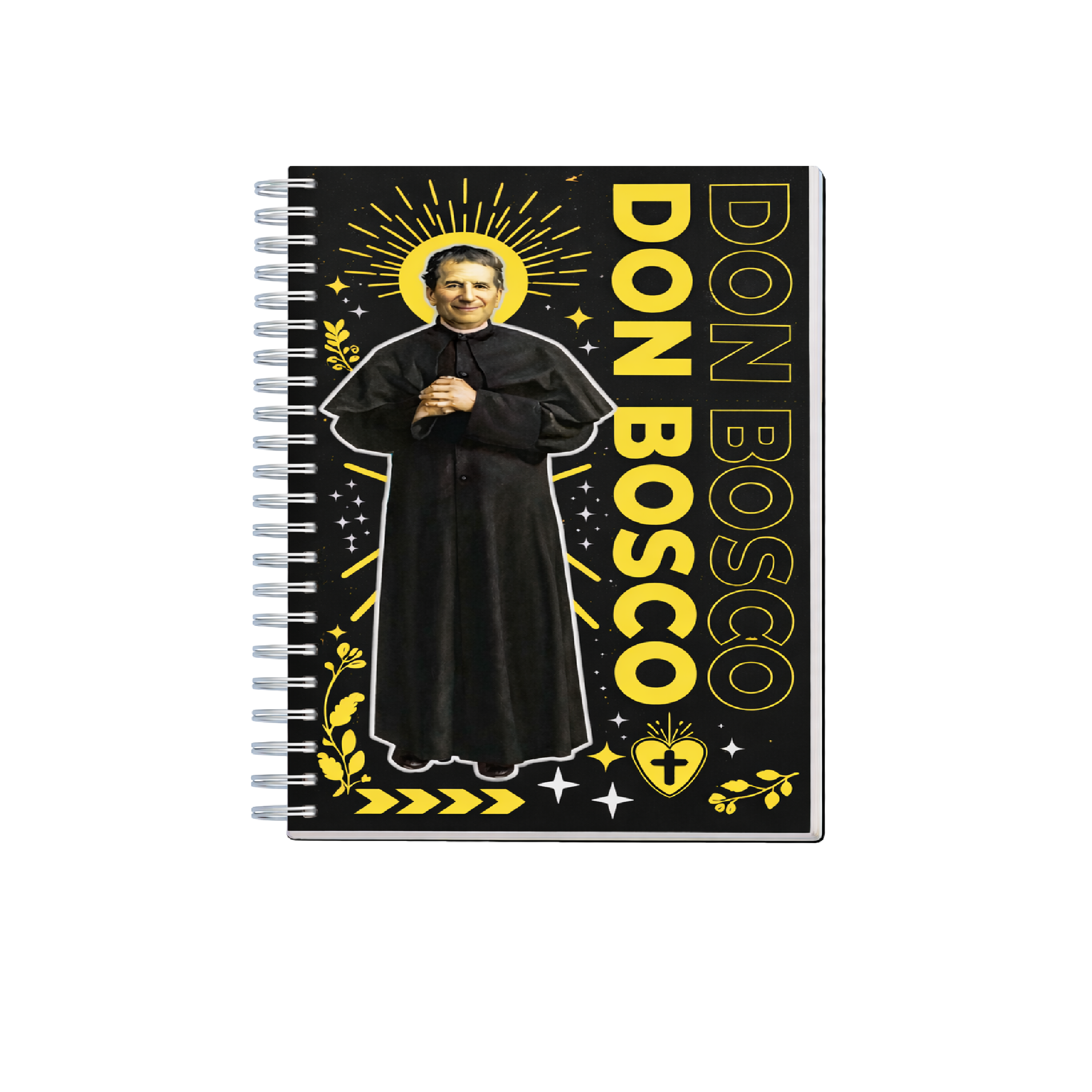 Cuaderno UPS con espiral lateral y portada ilustrada de Don Bosco