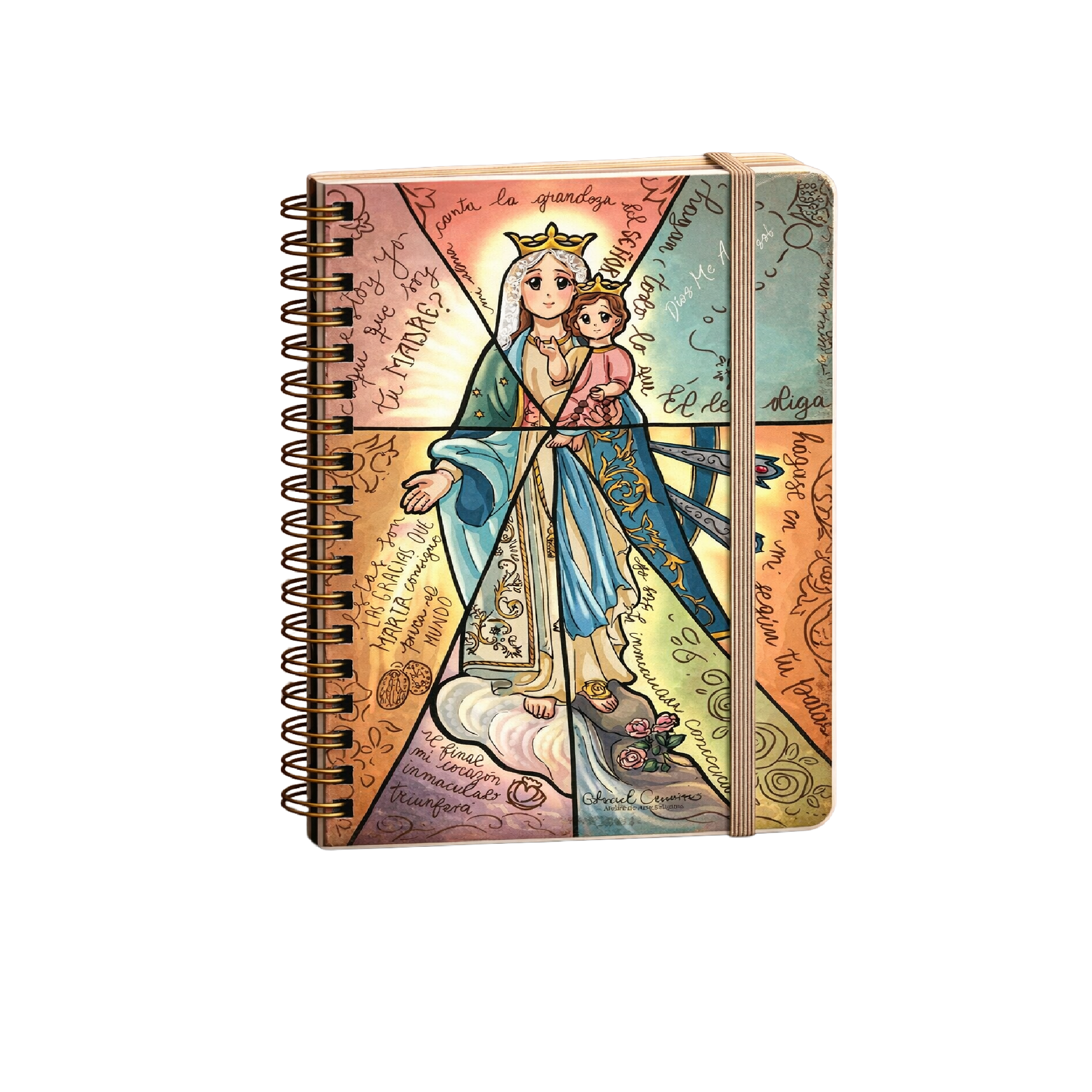 Cuaderno UPS con espiral lateral y portada ilustrada de María Auxiliadora con el Niño Jesús