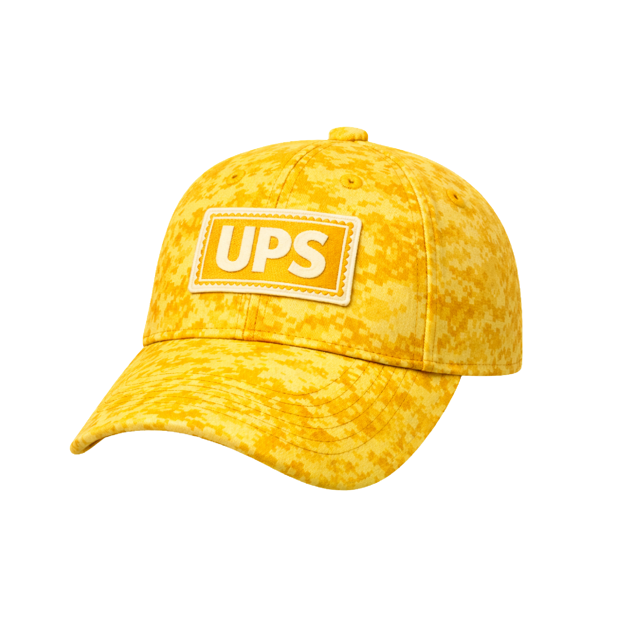 Gorra UPS amarillo con diseño tipo camuflaje urbano, logo al frente y visera curva