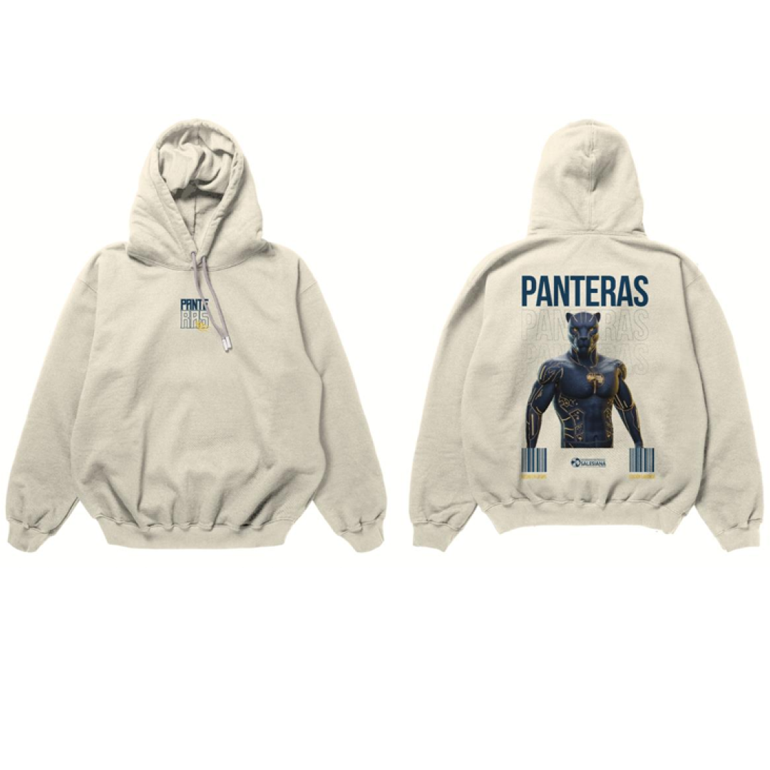 Hoodie Panteras UPS beige con capucha y diseño frontal y posterior estampado, sudadera casual de estilo institucional