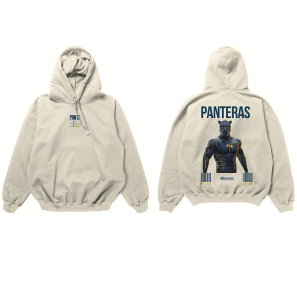 Hoodie Panteras UPS beige con capucha y diseño frontal y posterior estampado, sudadera casual de estilo institucional