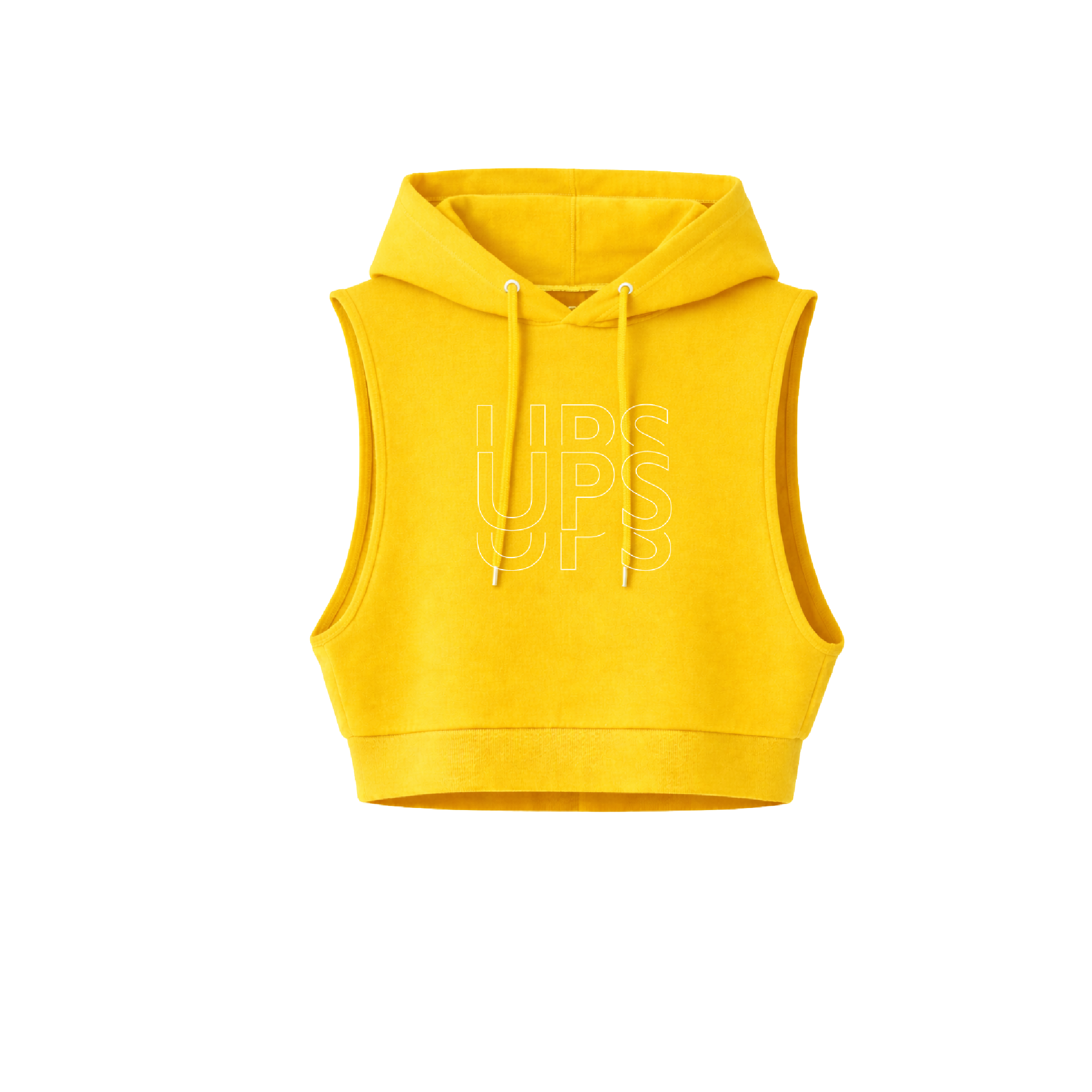 Hoodie crop sin mangas UPS amarillo con logo institucional