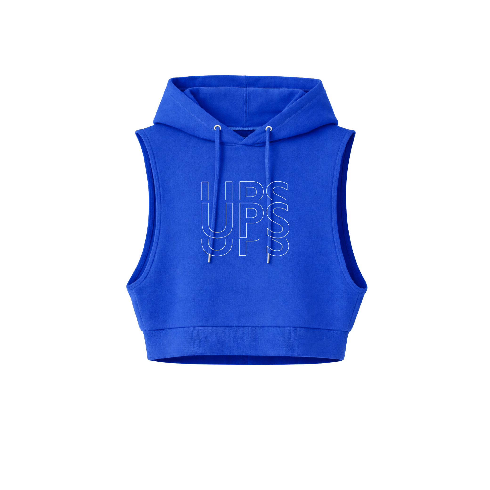 Hoodie crop sin mangas UPS azul con logo institucional