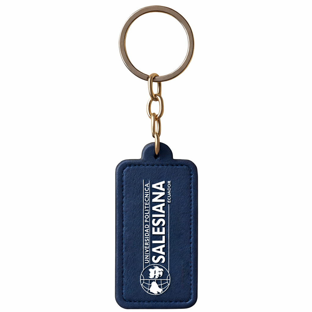 Llavero institucional UPS azul con logo Salesiana y aro metálico