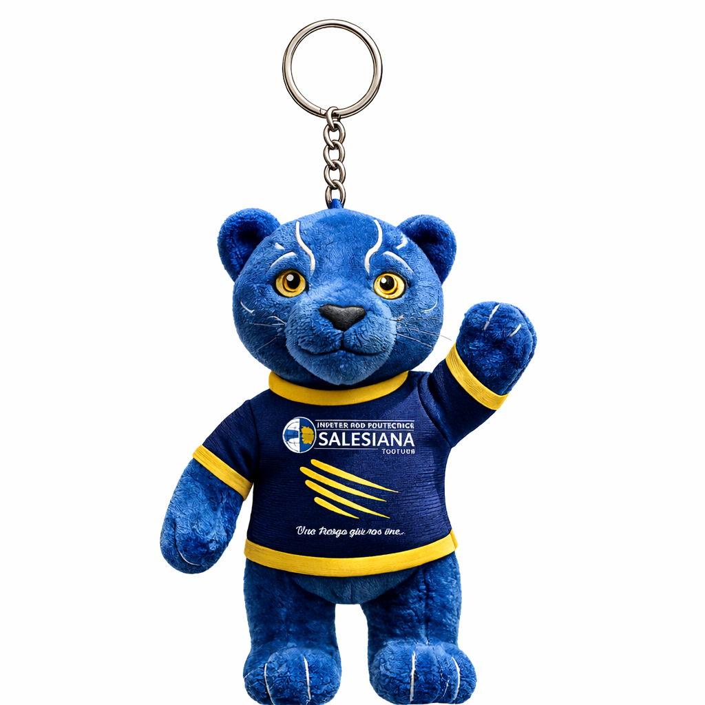 Llavero de peluche azul con diseño de pantera Valdok y camiseta UPS, accesorio suave con logotipo institucional