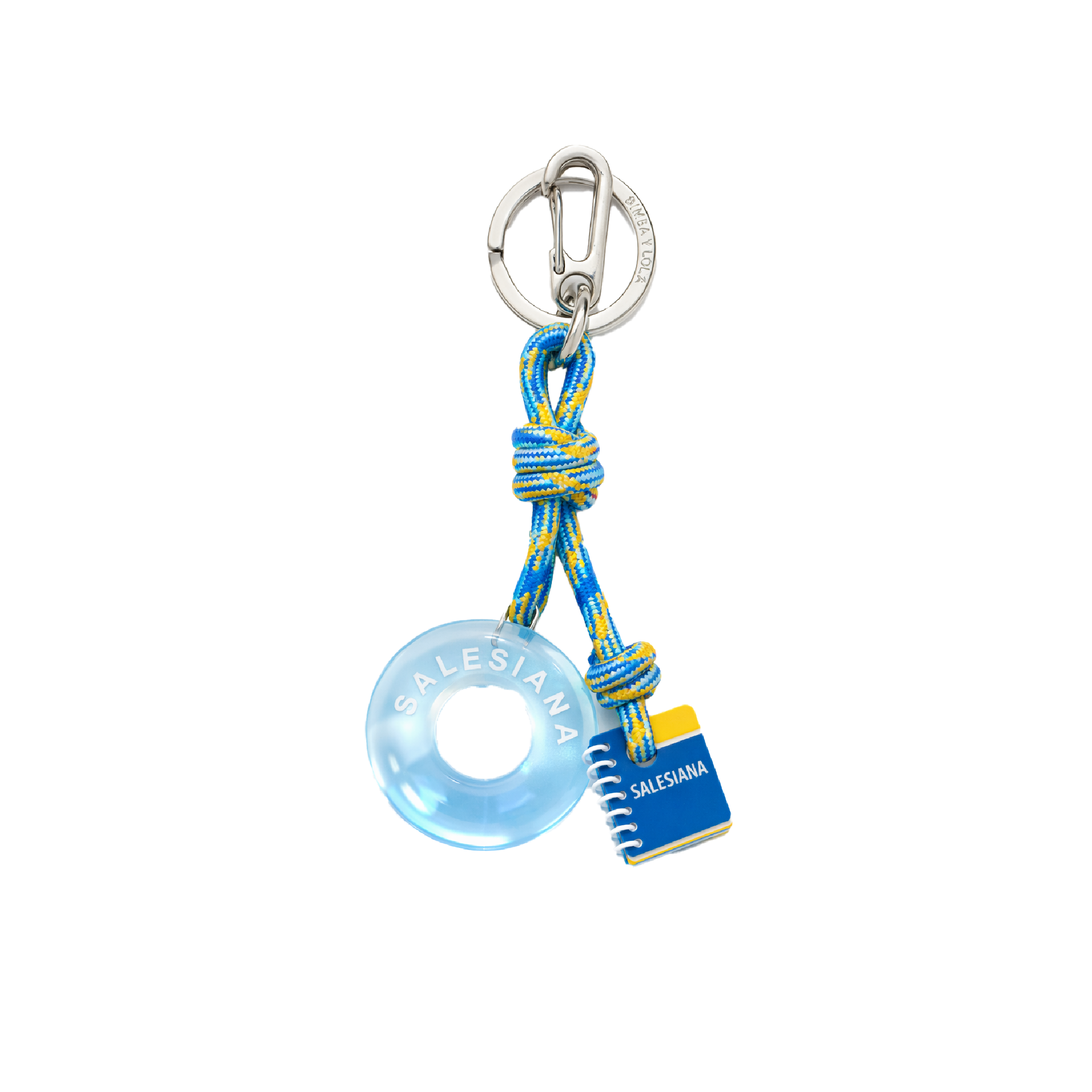 Llavero doble dije UPS azul con aro acrílico y accesorio tipo libreta, cordón trenzado azul y amarillo