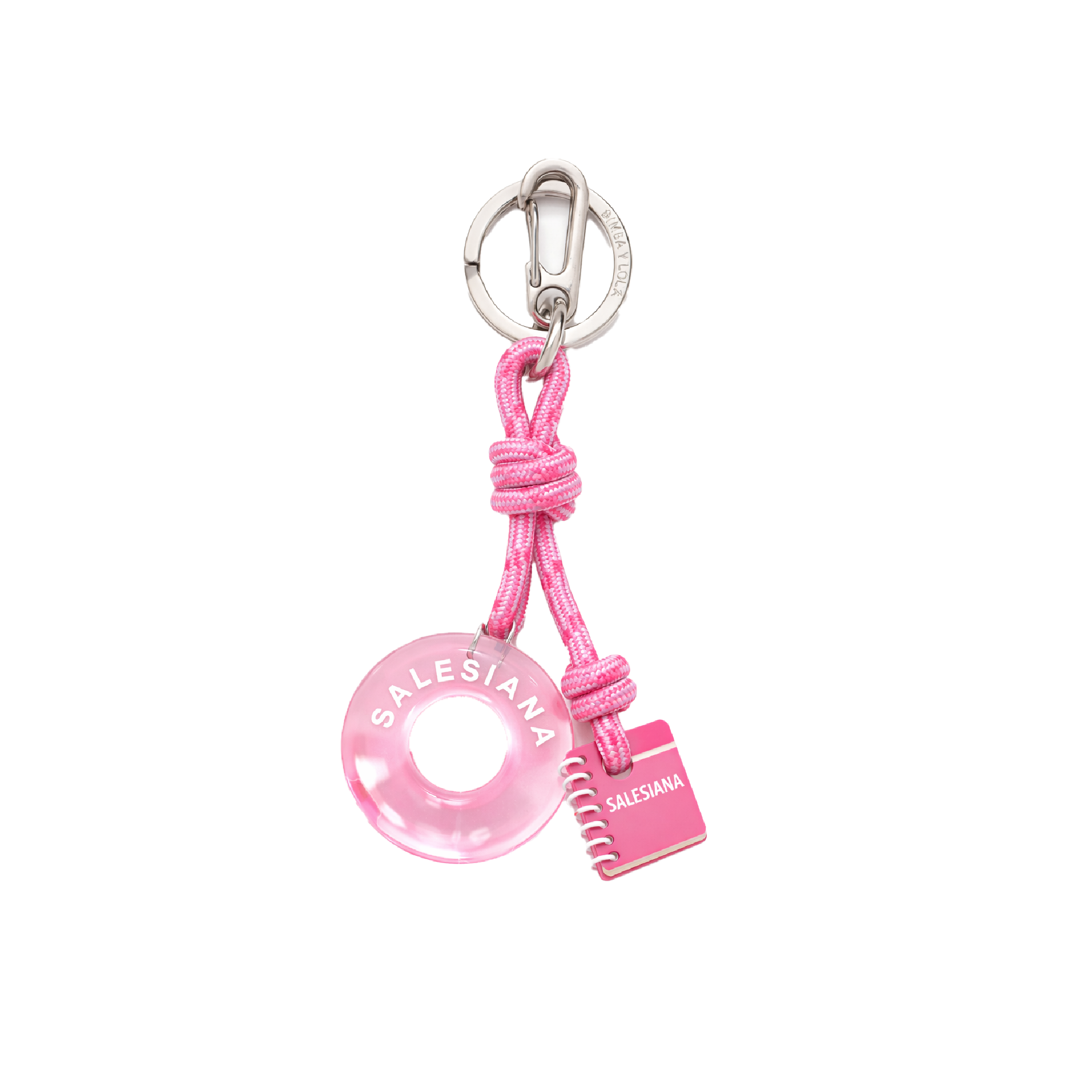 Llavero doble dije UPS rosado con aro acrílico y accesorio tipo libreta, cordón trenzado rosado y blanco