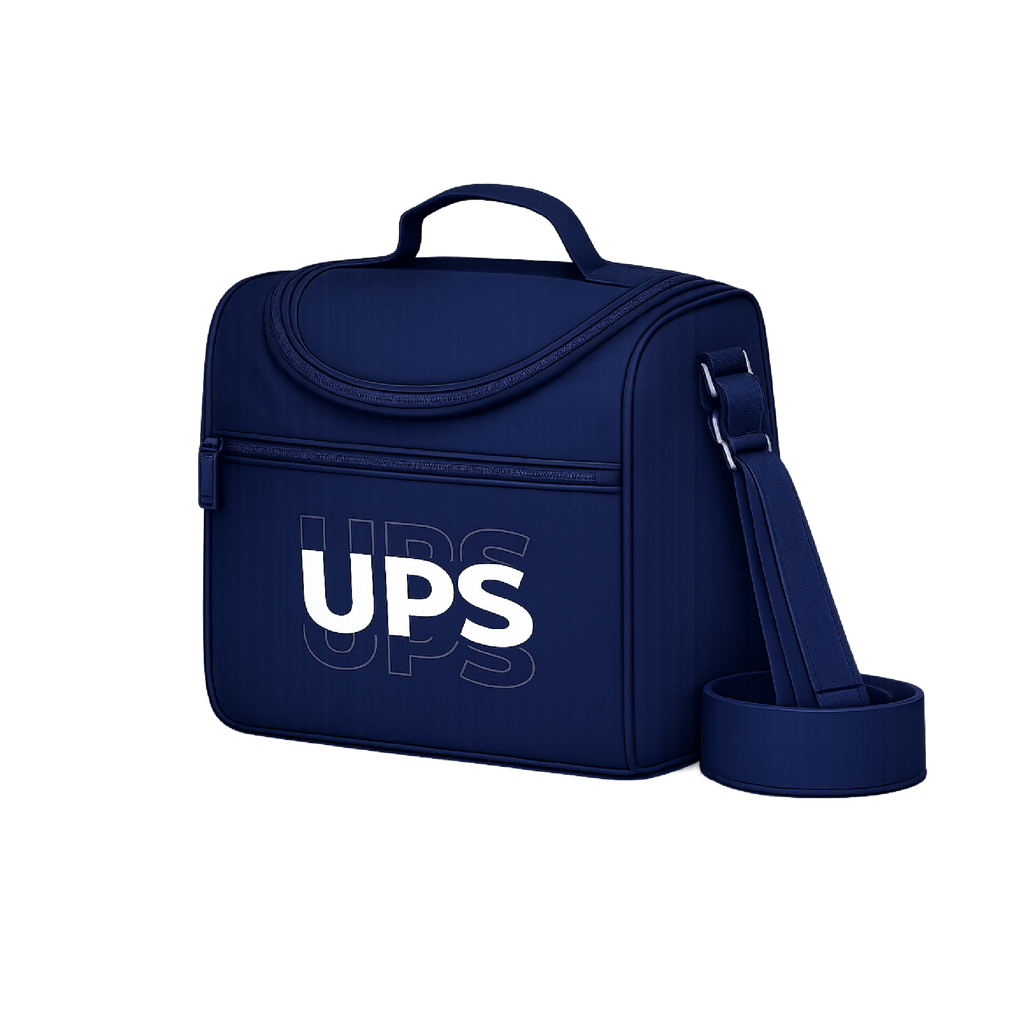 Lonchera UPS azul con asa superior, correa ajustable y compartimento