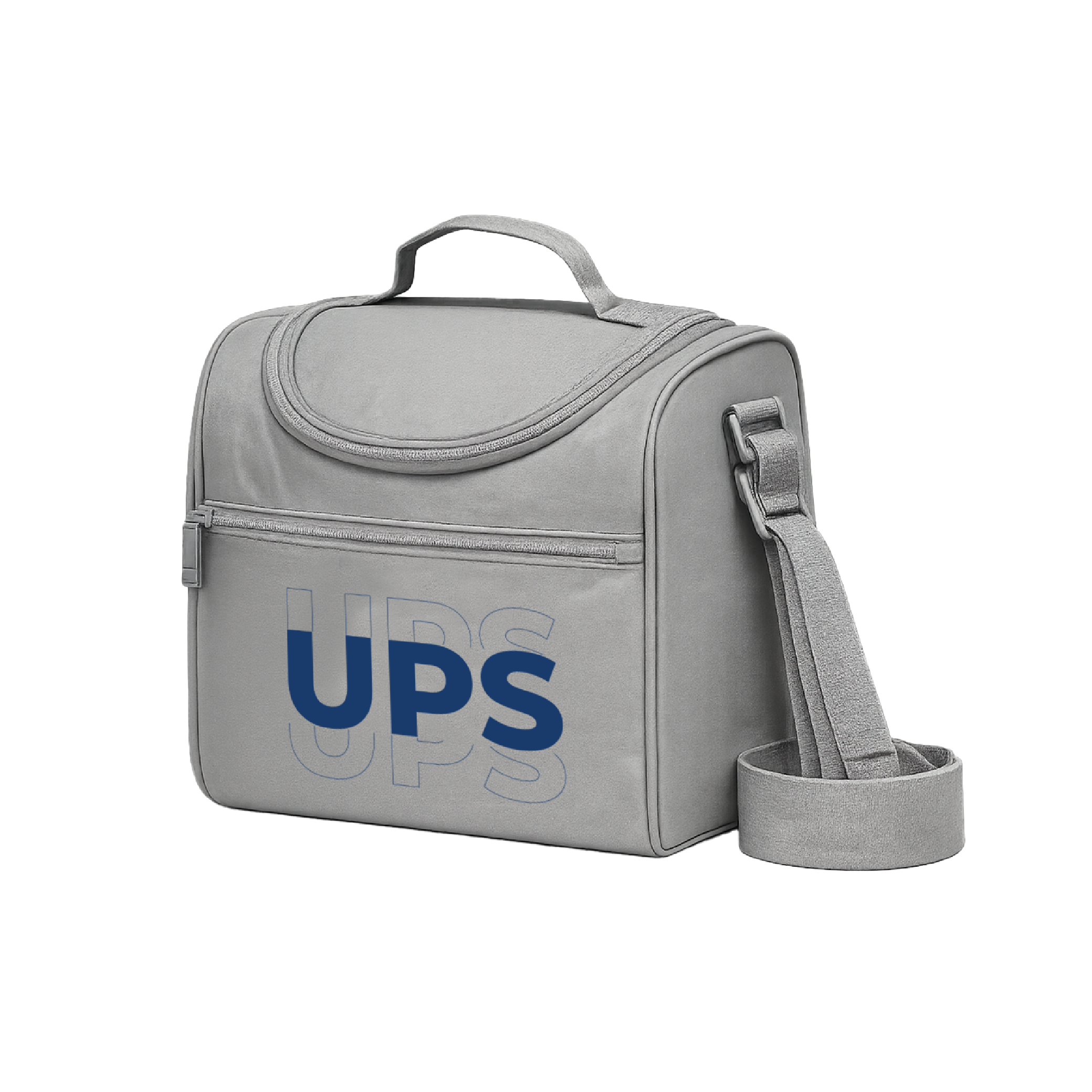 Lonchera UPS gris con asa superior, correa ajustable y compartimento