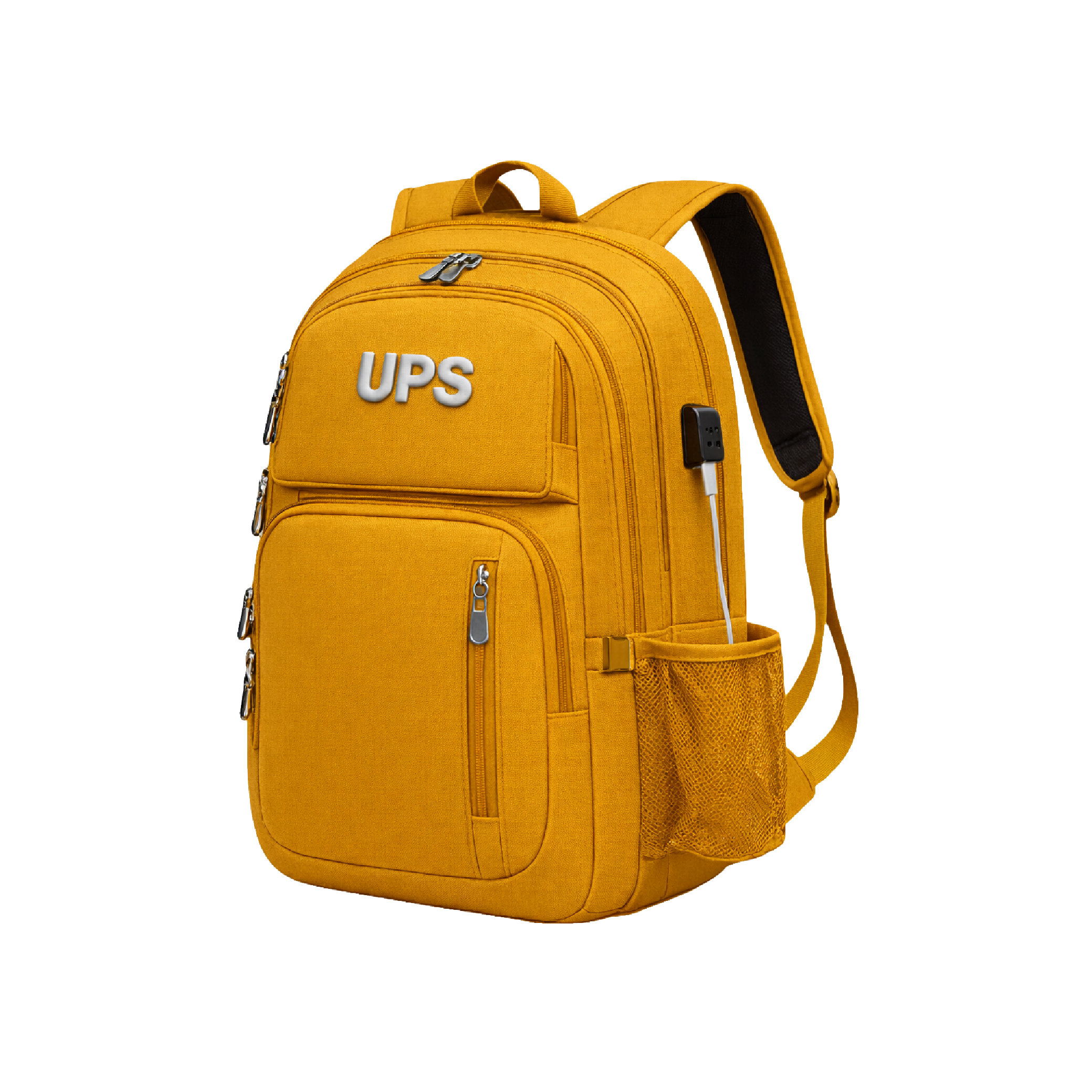 Mochila UPS amarillo con múltiples compartimentos, cierre frontal y bolsillo lateral