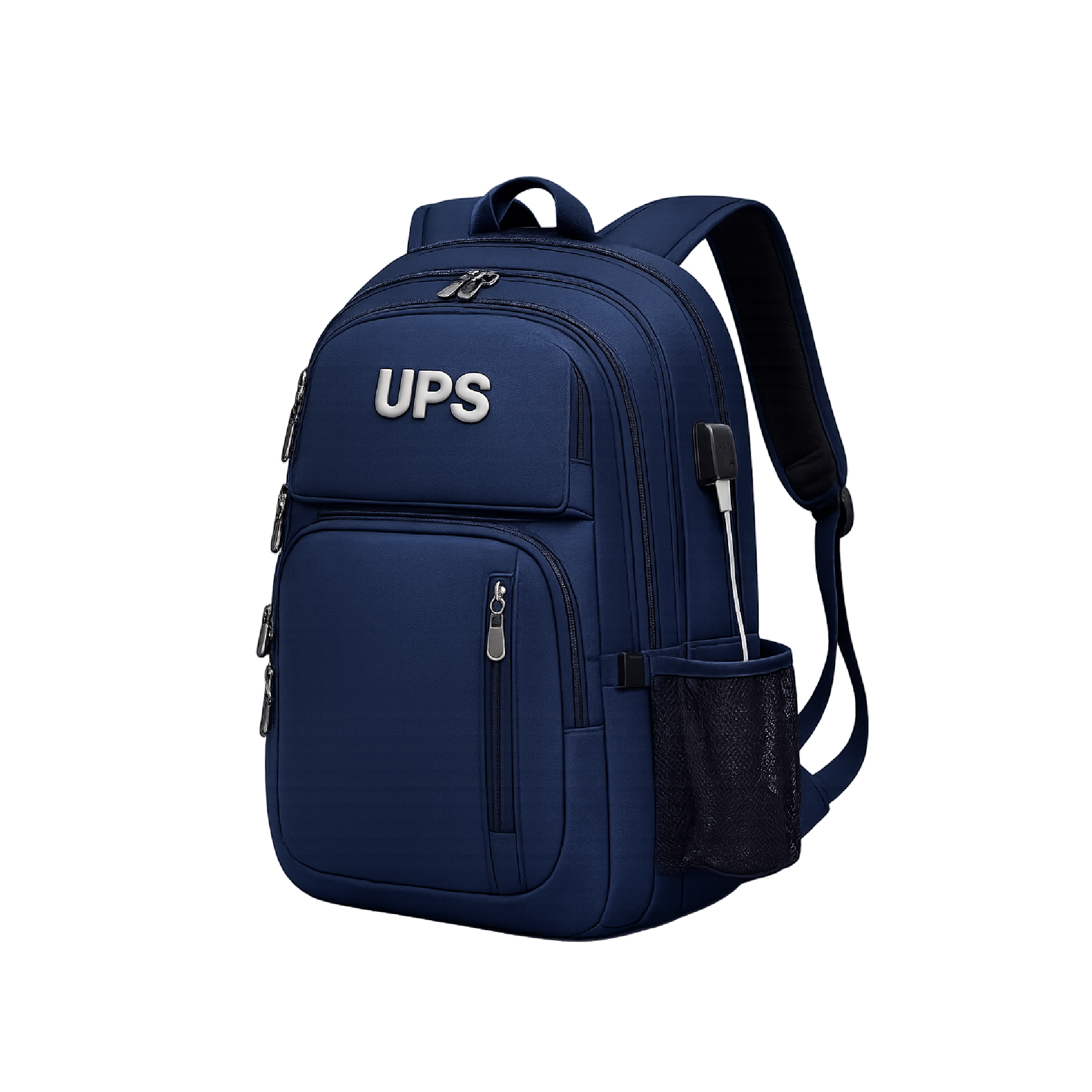 Mochila UPS azul con múltiples compartimentos, cierre frontal y bolsillo lateral