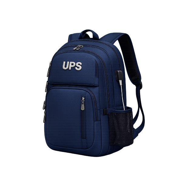 Mochila UPS azul con múltiples compartimentos, cierre frontal y bolsillo lateral