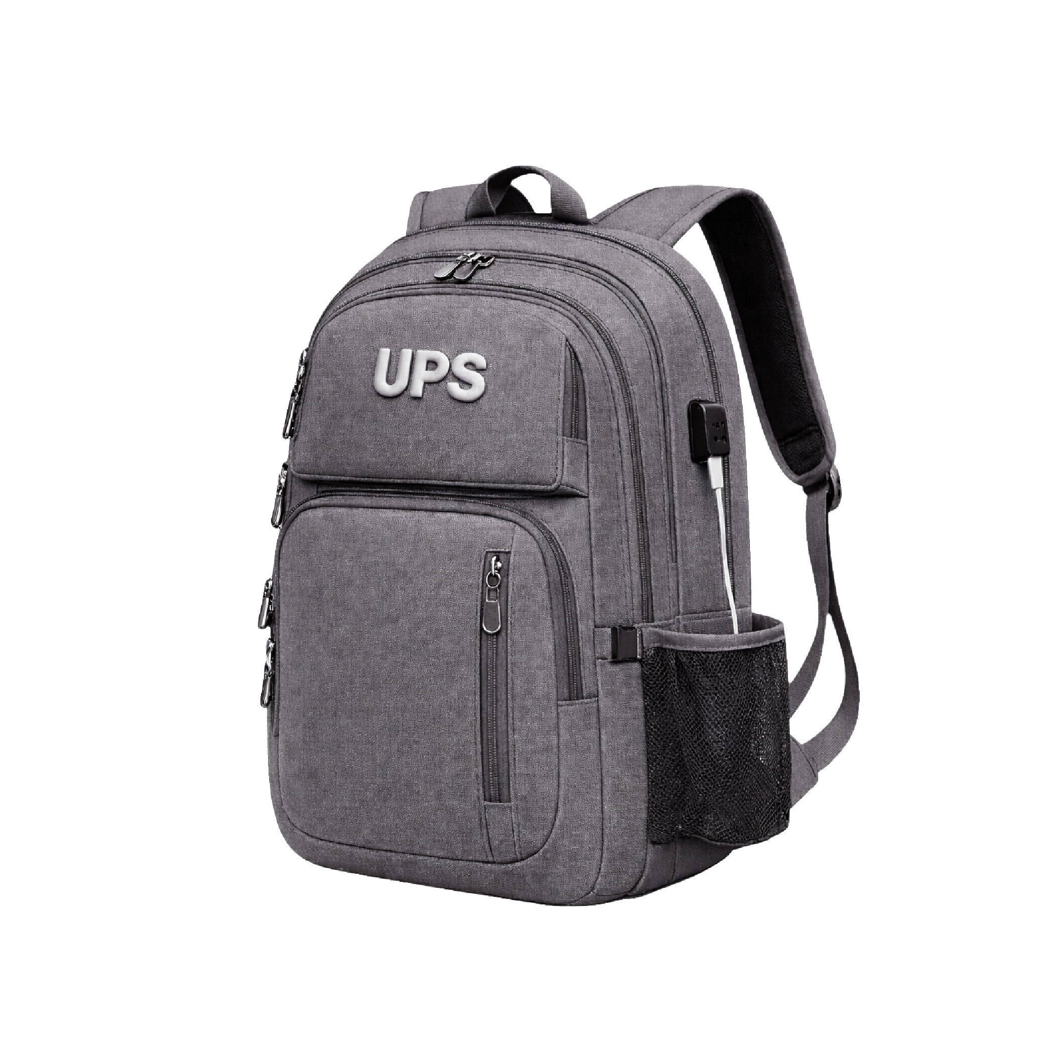 Mochila UPS gris con múltiples compartimentos, cierre frontal y bolsillo lateral