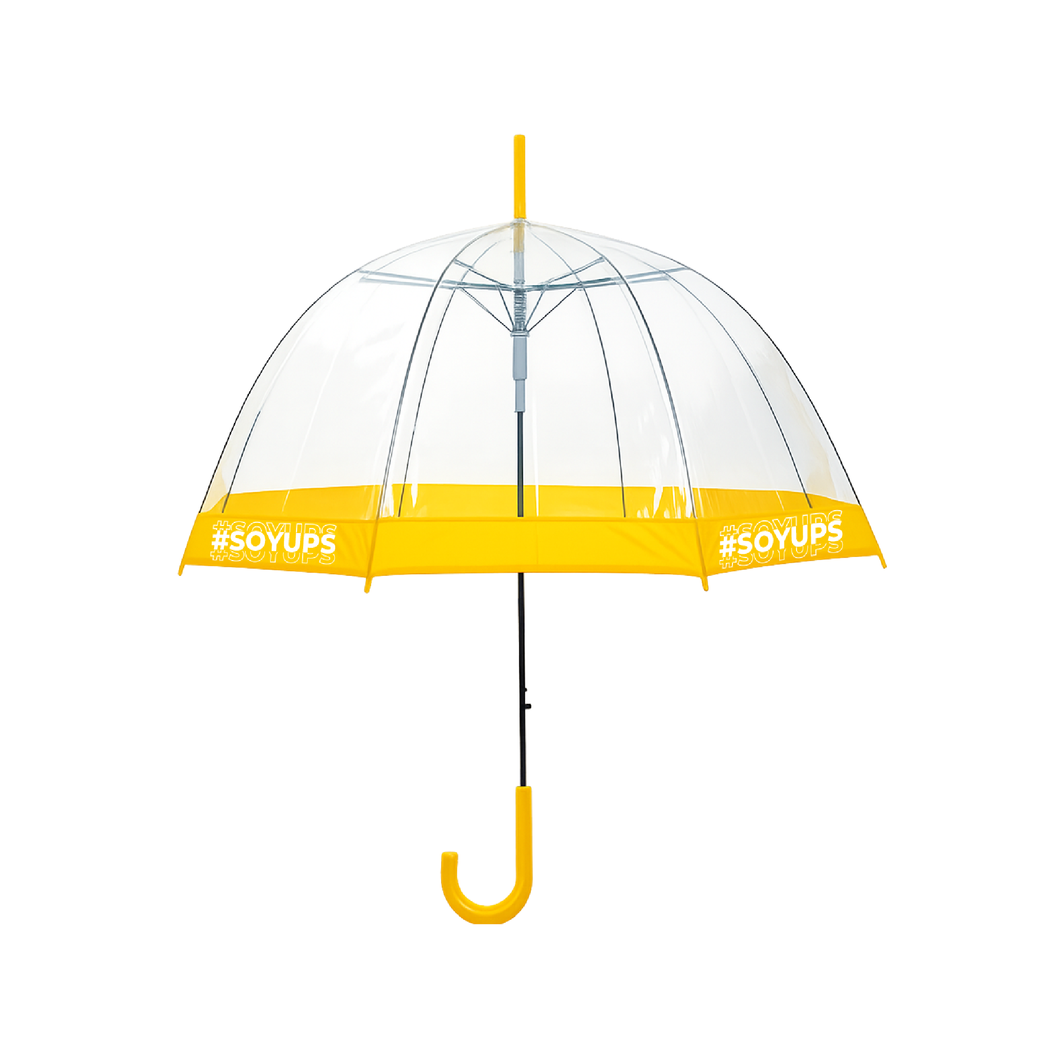 Paraguas transparente UPS con borde amarillo, mango y logo #SoyUPS