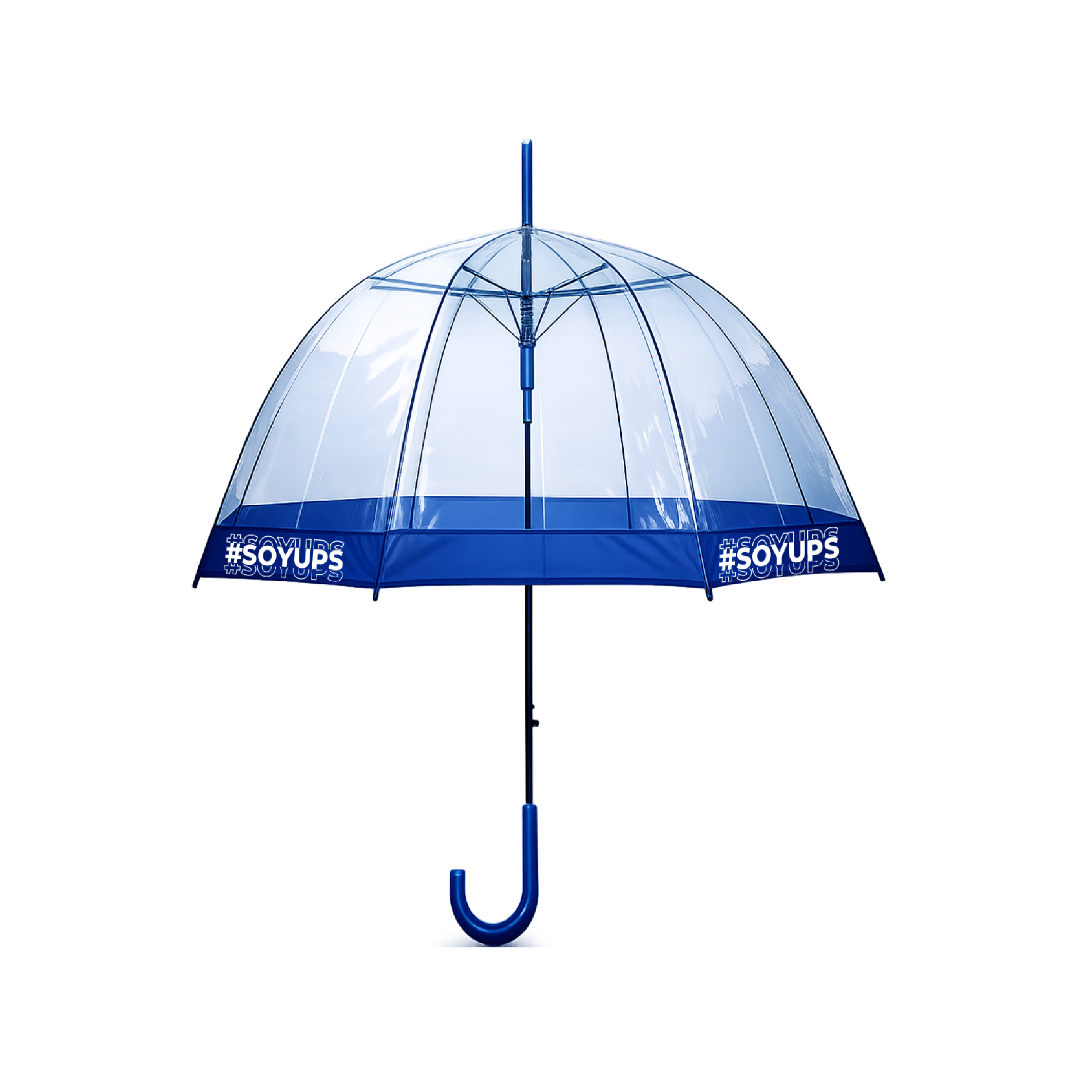 Paraguas transparente UPS con borde azul, mango y logo #SoyUPS