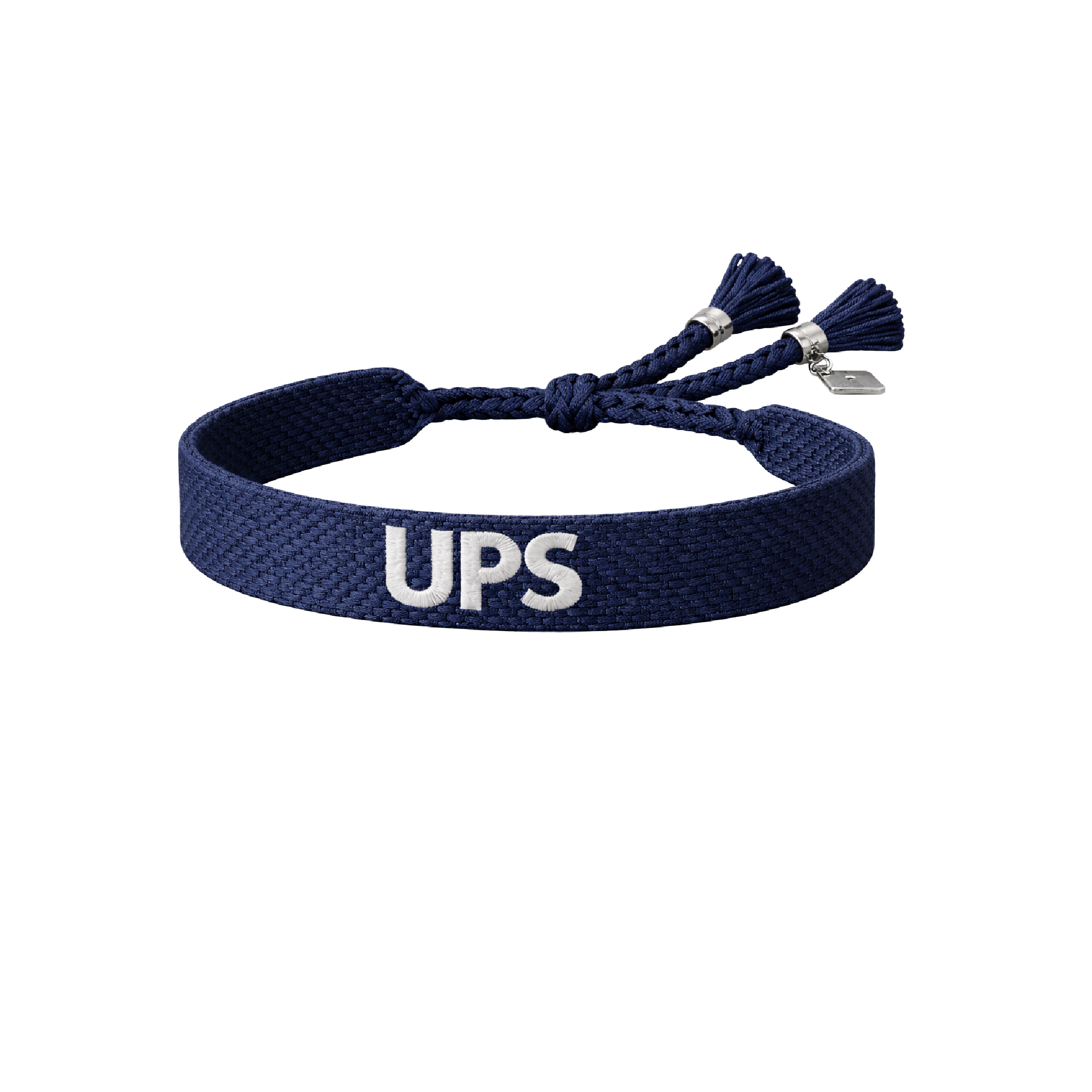 Pulsera institucional UPS azul con letras UPS, ajuste de cordón y detalles decorativos