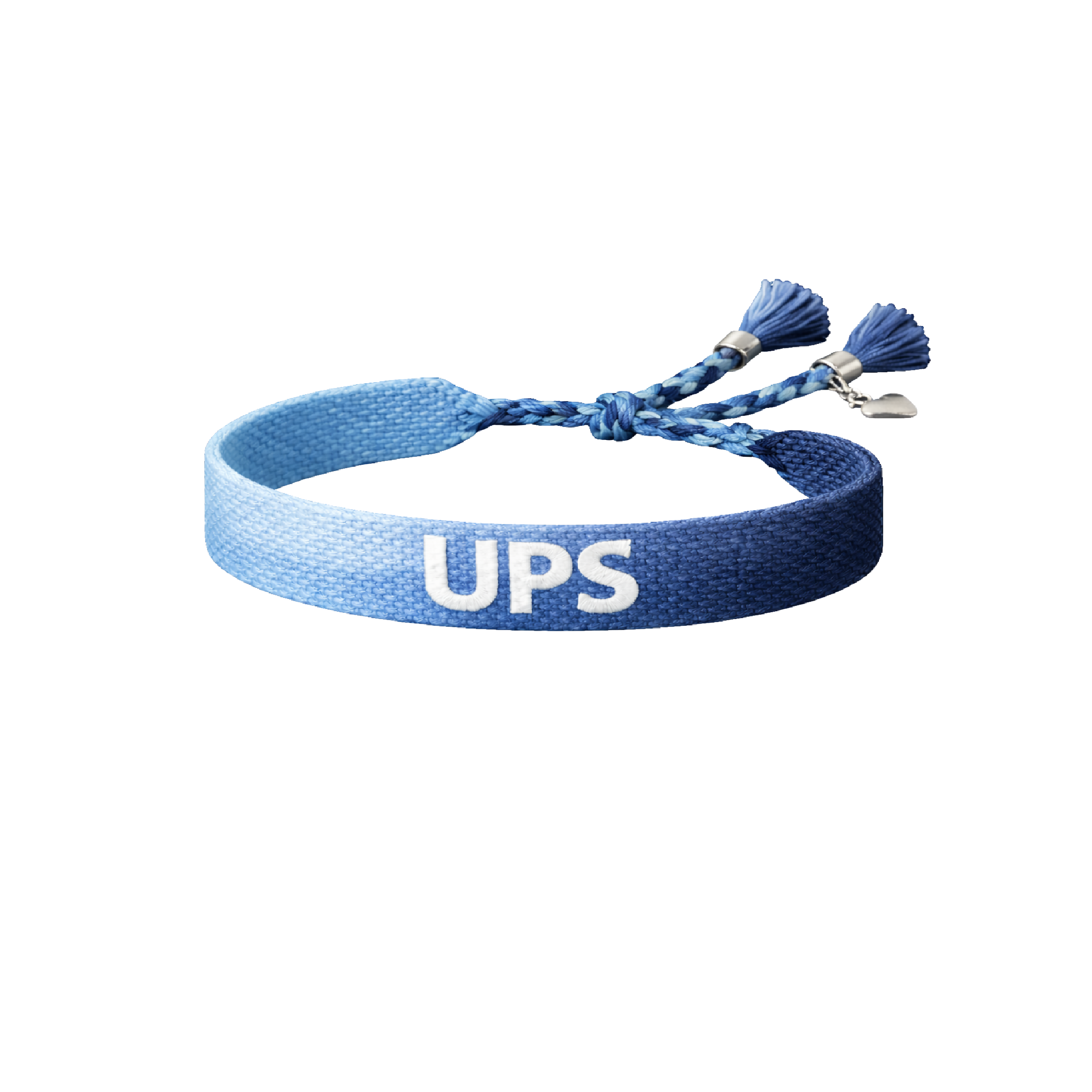 Pulsera institucional UPS celeste con letras UPS, ajuste de cordón y detalles decorativos