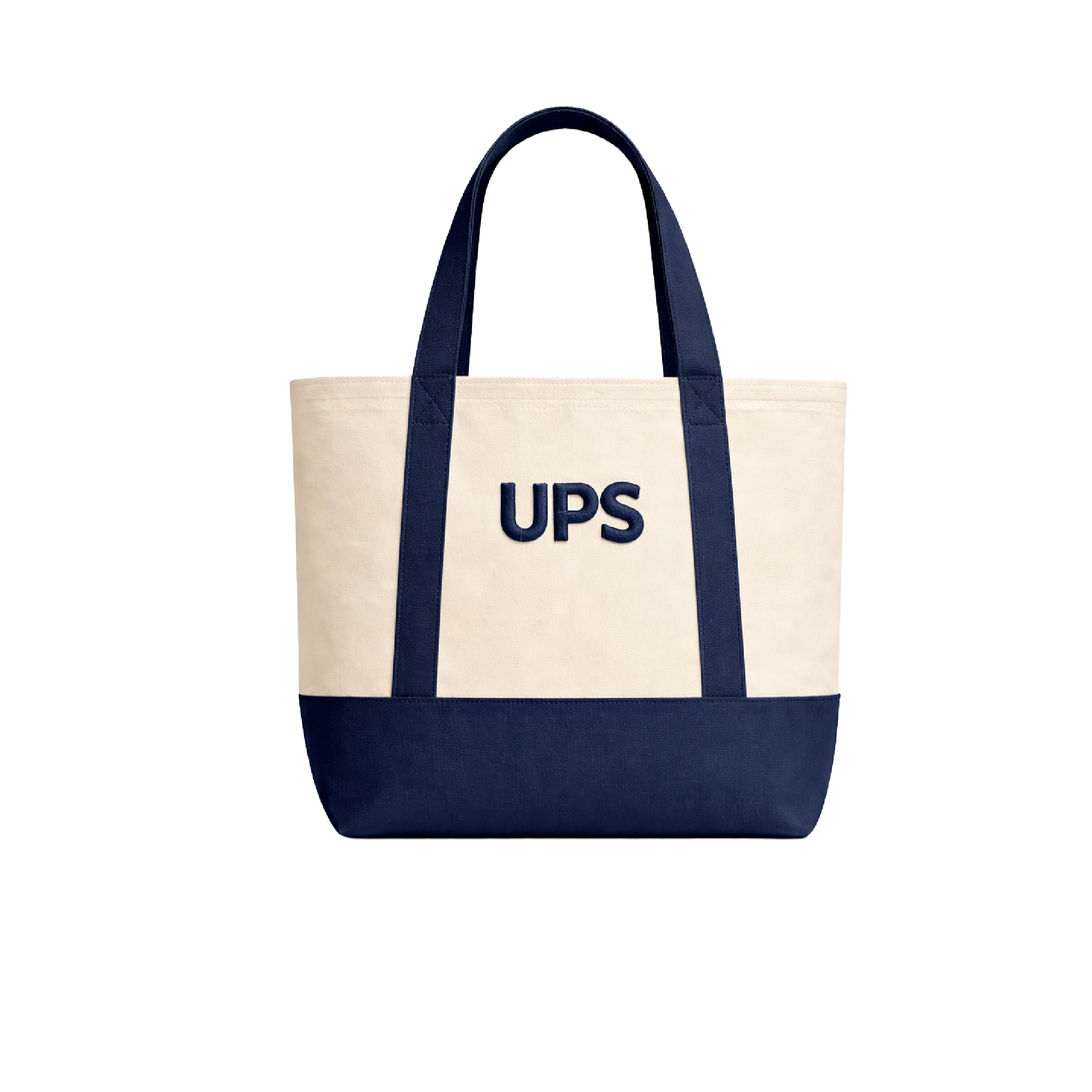 Totebag UPS beige y azul con asas largas y estampado UPS