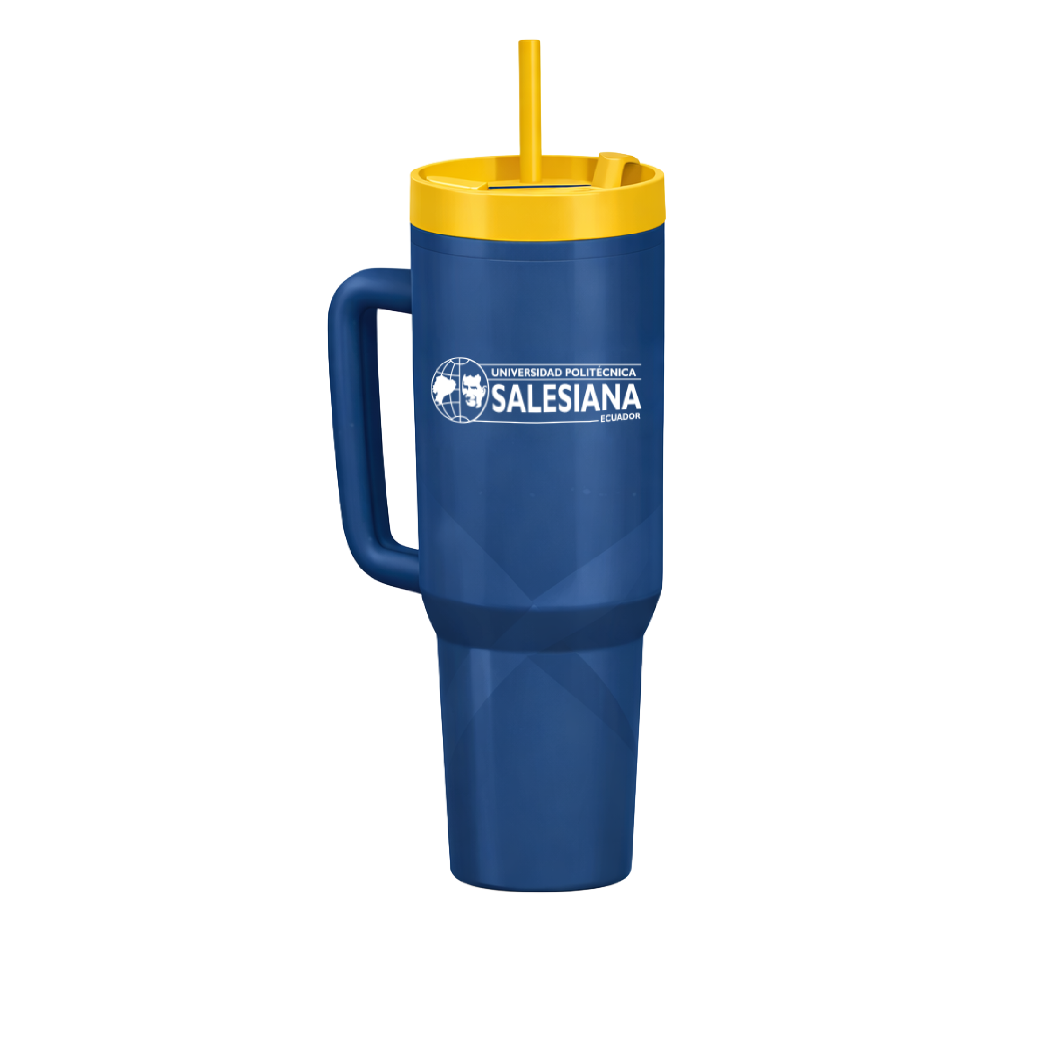 Tumbler UPS azul con tapa amarilla, asa lateral y sorbete