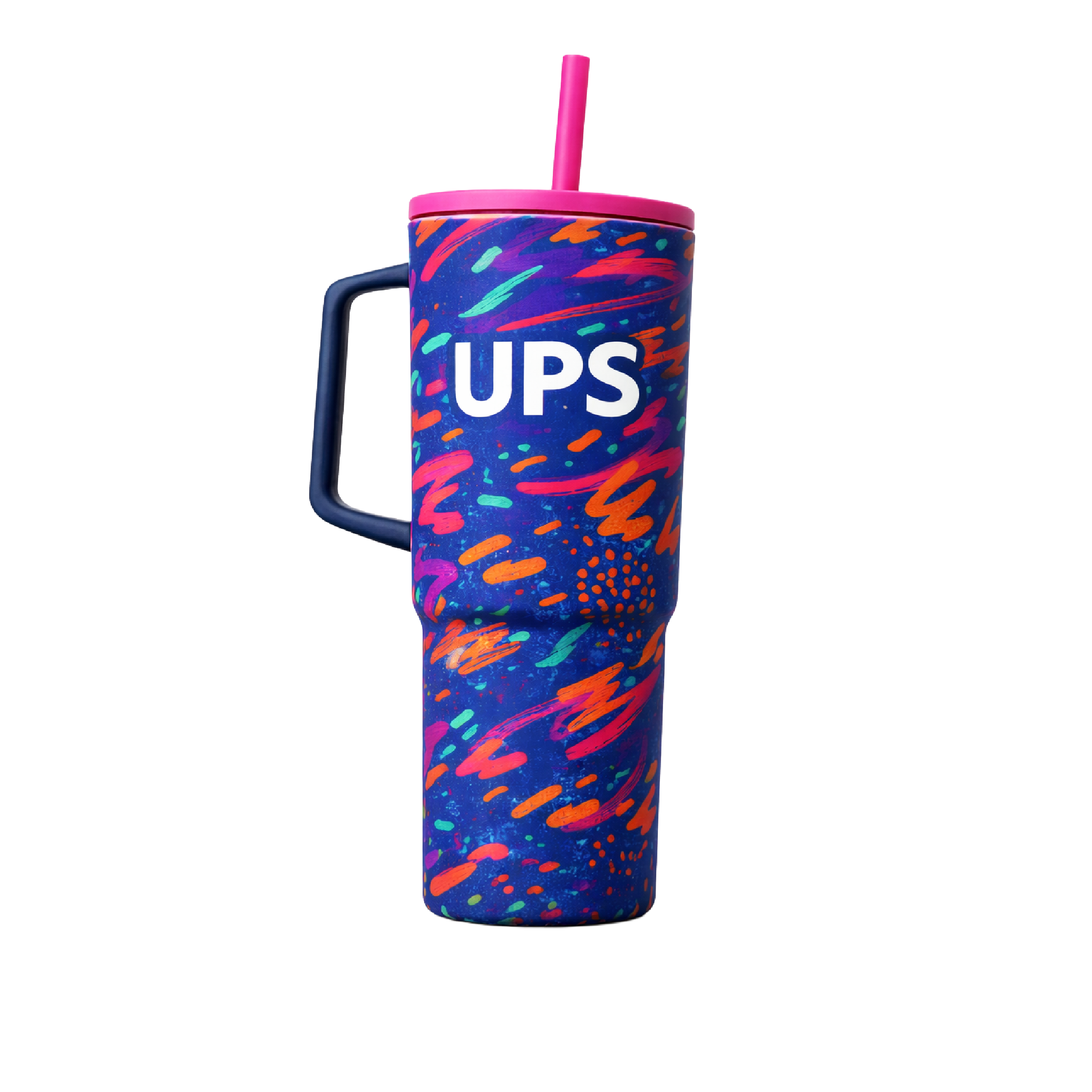 Tumbler UPS multicolor con tapa rosa, asa lateral y sorbete